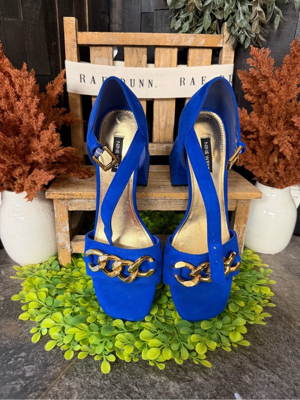 Nine West Royal Blue Suede Block Heel Sandals with Gold Chain Accent